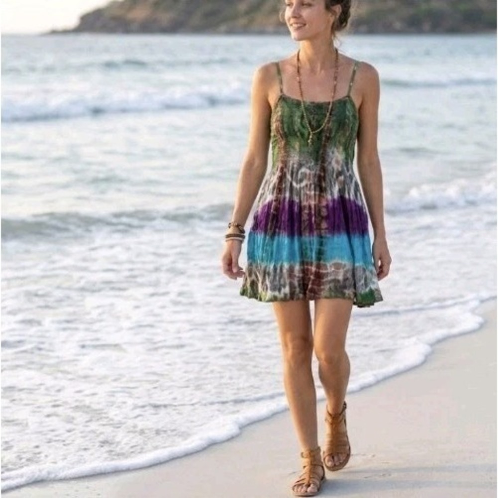 Women Rayon Watercolor Mini Dress Free Size Purple Green Boho Fairy Hippie Indie